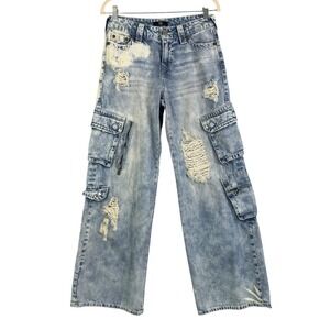 True Religion‎ Bobbi Baggy Distressed Bleach Wash Wide Leg Cargo Jeans Size 24